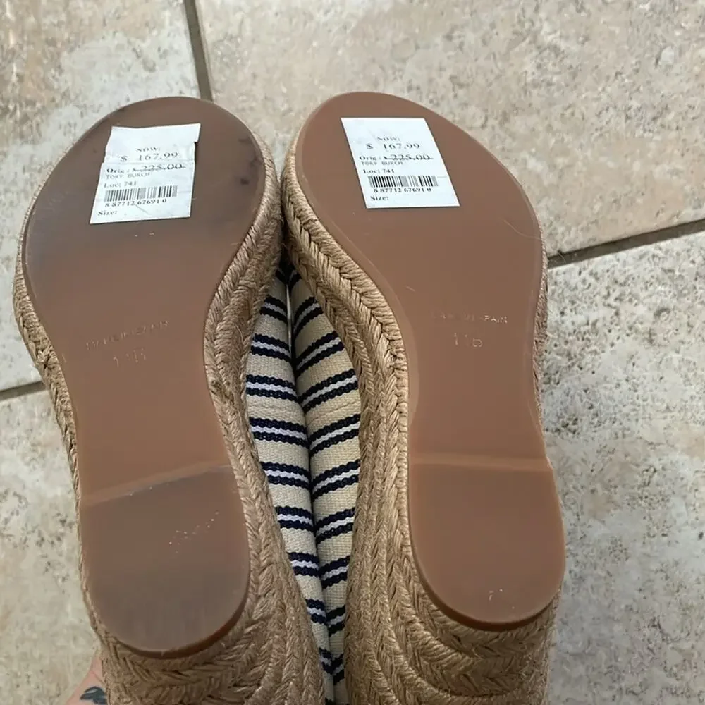 Tory Burch Jackie Striped Peep-Toe Wedge sandal Ivory Navy
